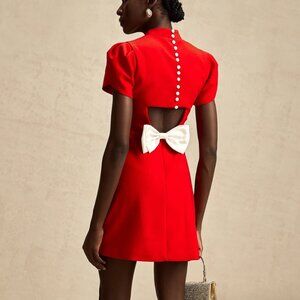 Miss Rosier Anna Red Petal-Sleeve Cut-Out Bow Mini Holiday Christmas Dress